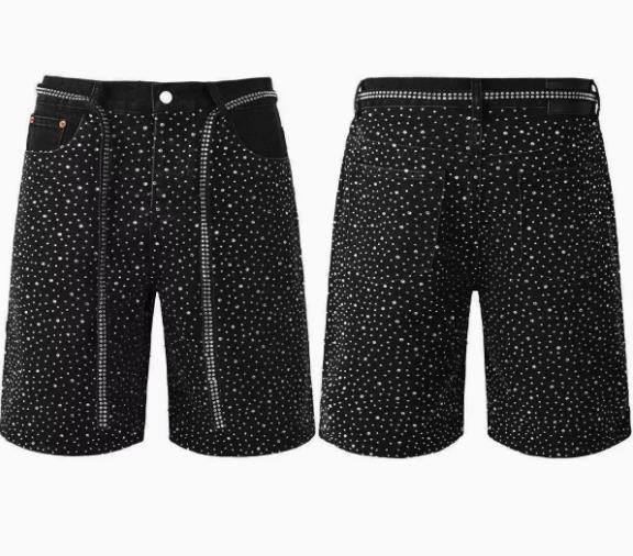 Straight-leg Rhinestone-studded Denim Shorts
