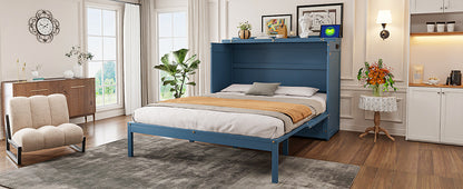 Queen Size Murphy Bed Wall Bed with Drawer and Sockets and USB Ports, Navy Blue