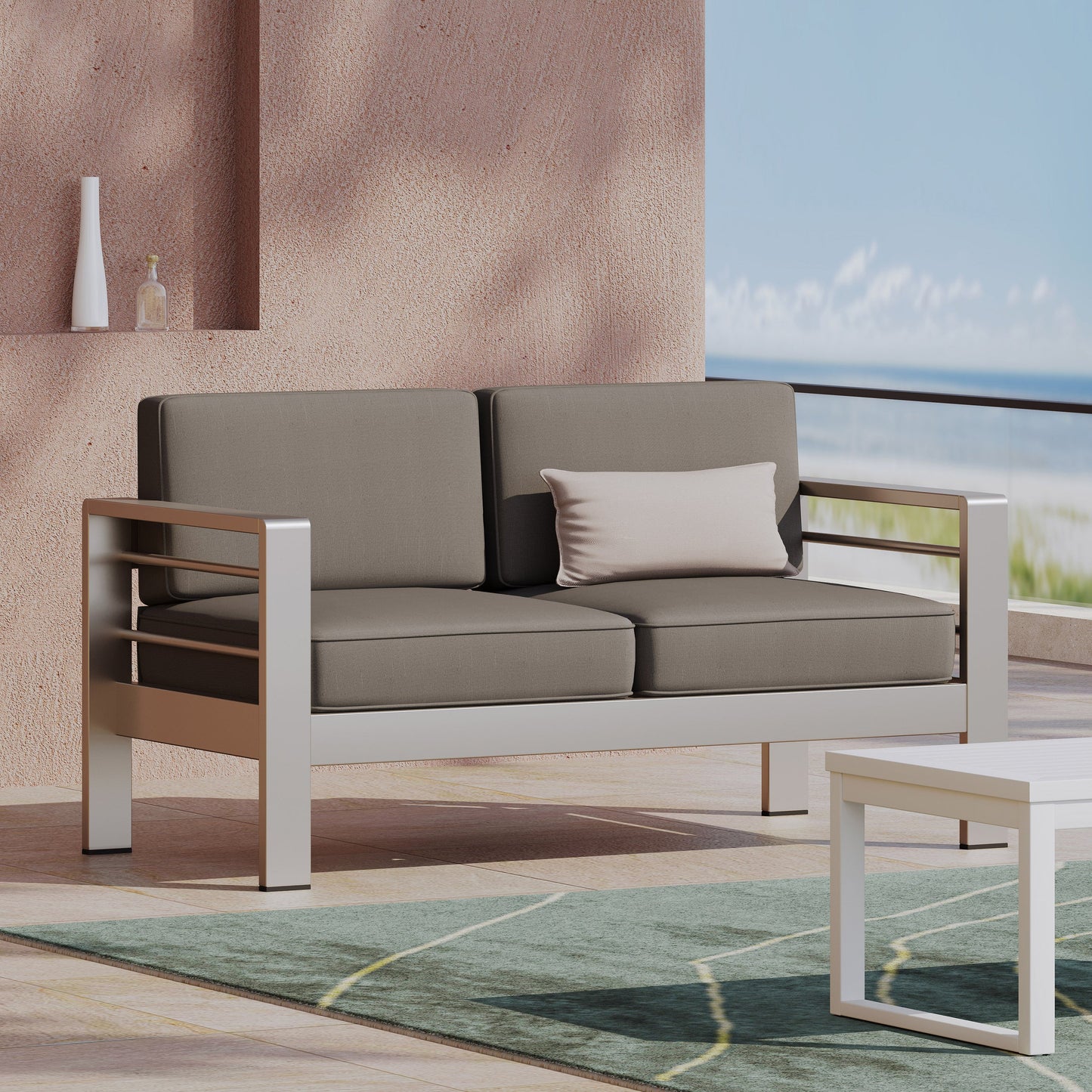 Outdoor Loveseat Aluminum Khaki Water-Resistant Cushion 56.75x27.5 In 600 LB