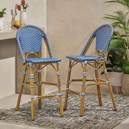 Outdoor PE Rattan French Barstool Set, Dark Teal and White, Aluminum Frame,