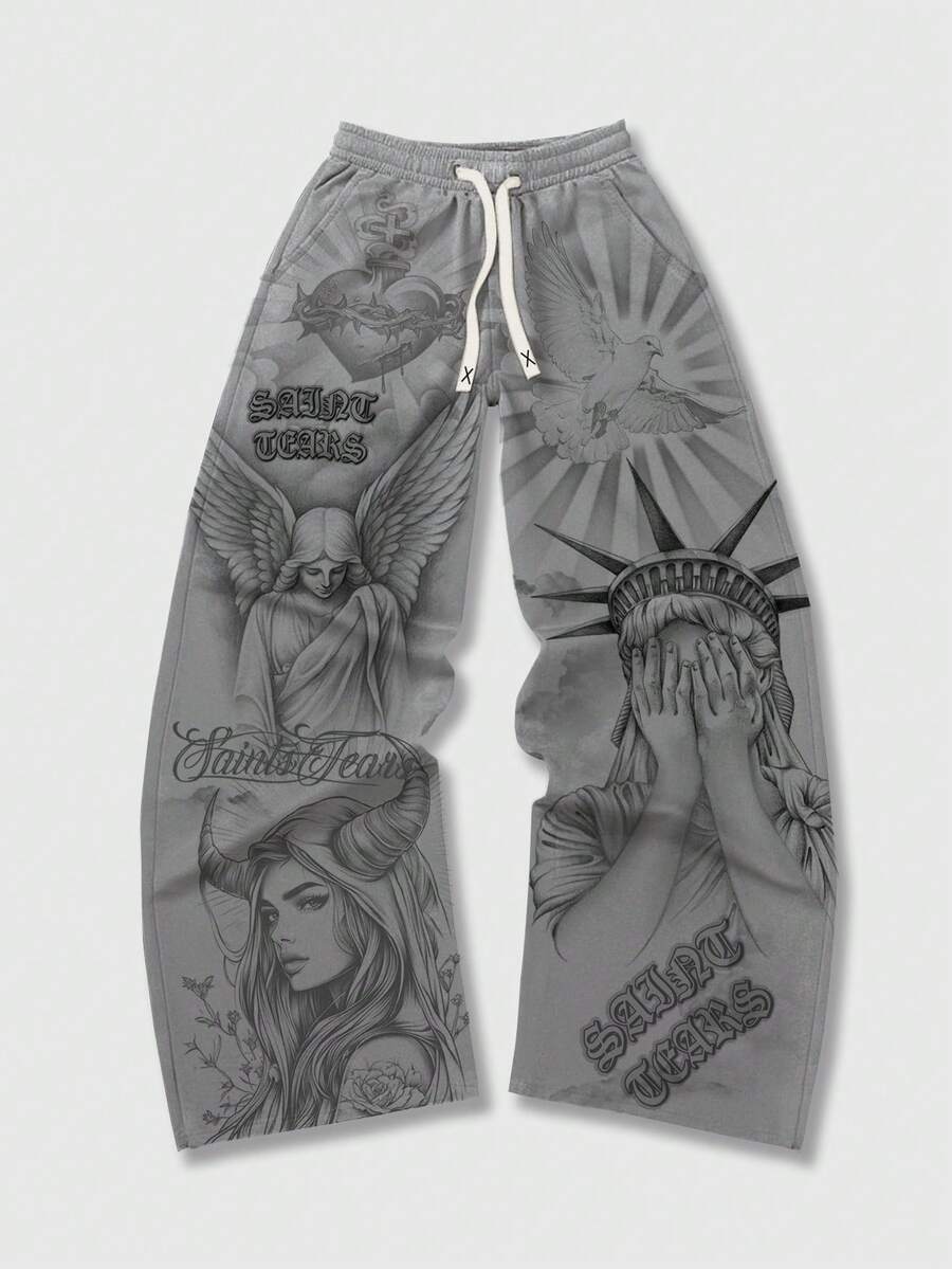 Retro Letter Print Mens Loose Casual Pants