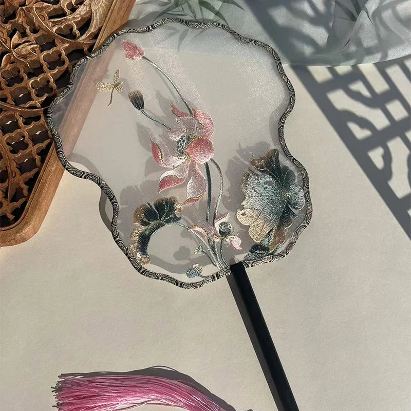 Ancient Style Fan Chinese Style Hanfu Dance Shooting Long Handled Embroidered Classical Double Sided Fan Female Decorative Fan