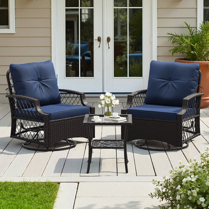 Outdoor Bistro Set Wicker Swivel Glider Navy 3-Piece