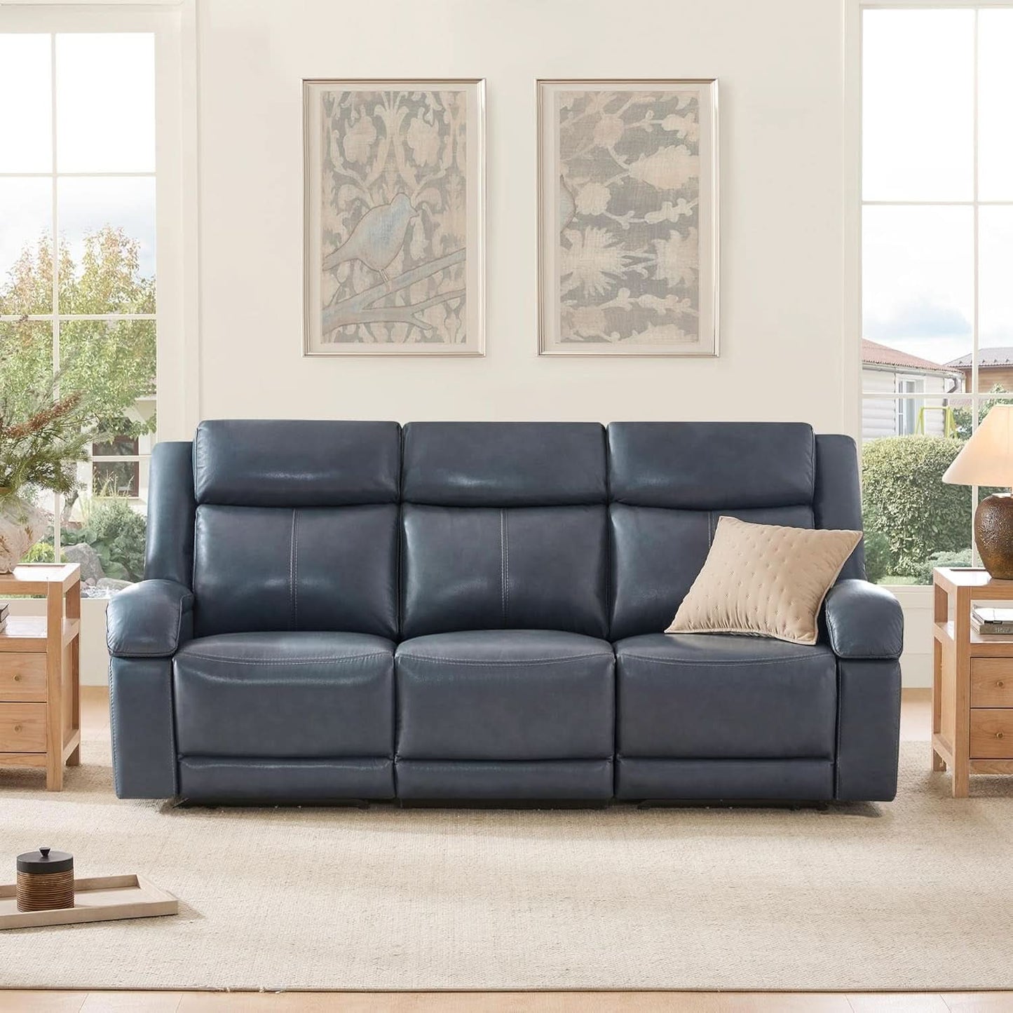 Navy Genuine Leather Power Recliner Sofa With USB Type C