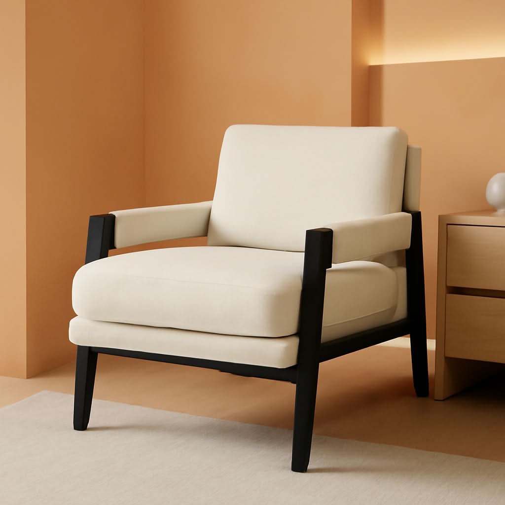White Chenille Upholstered Mid Century Accent Armchair