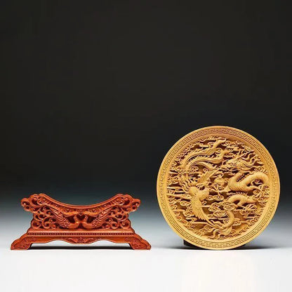Wood Carving Dragon and Phoenix Round Carving Art Statue High Quality