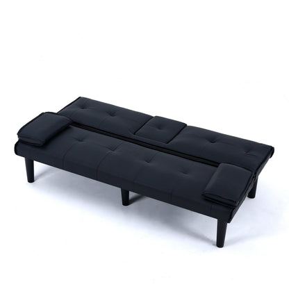 67-inch Black PVC Multi-Functional Sofa Bed with Foldable Design and Cup Holder