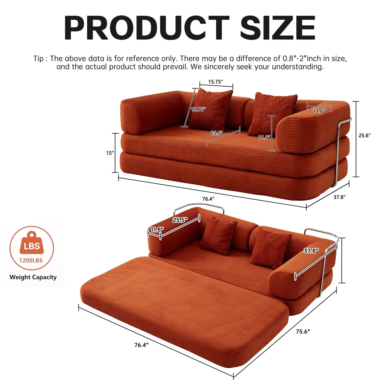 Sofa Bed Convertible 5-in-1 Corduroy Red Floor Steel Frame 74.8 In