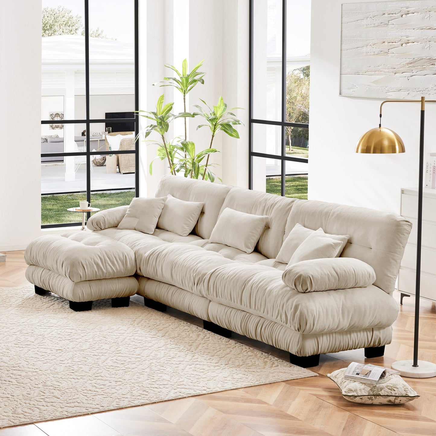Sectional Sofa L-Shape Chenille Light Coffee 3 Seat Convertible Ottoman