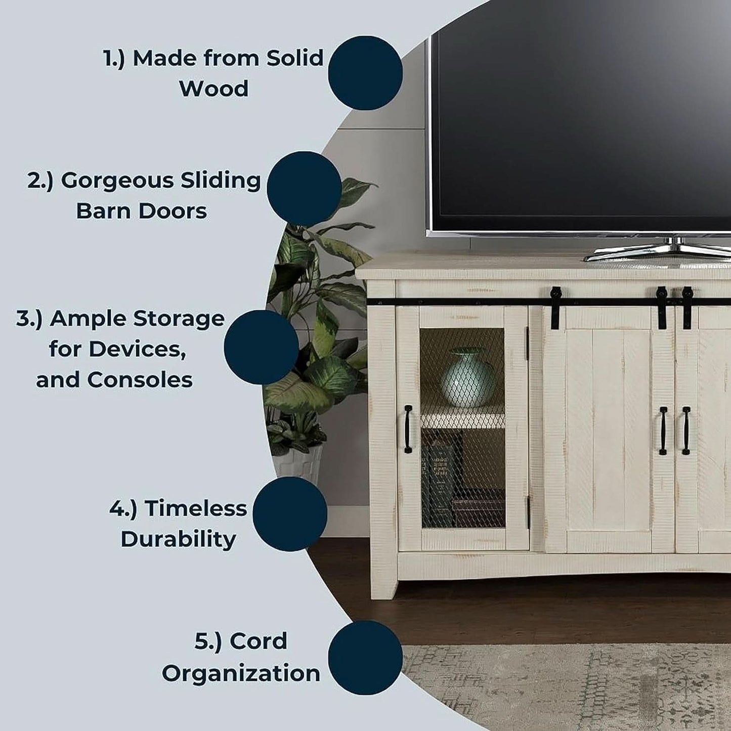 65 Inch Solid Wood TV Stand In Antique White With Storage