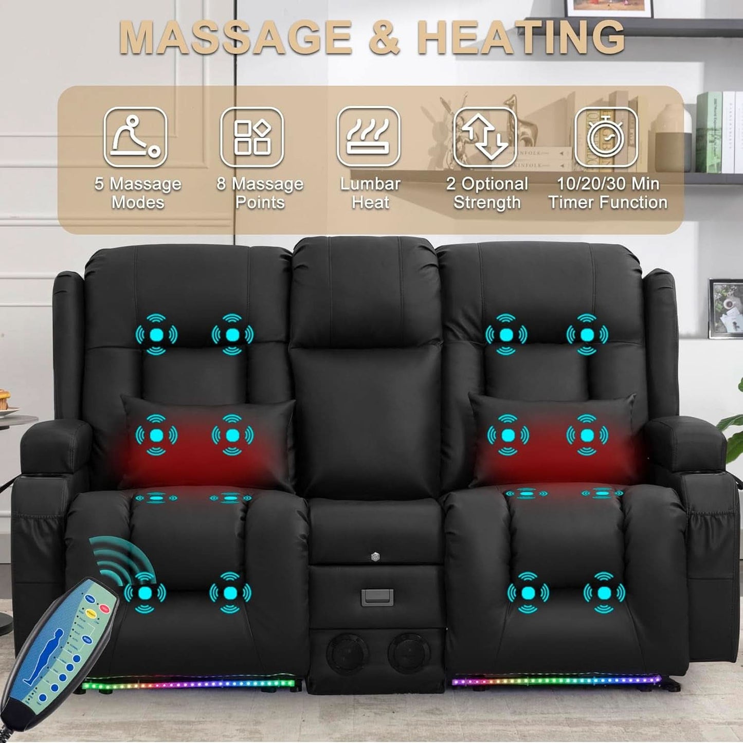 Power Reclining Loveseat With Massage And LED Lighting