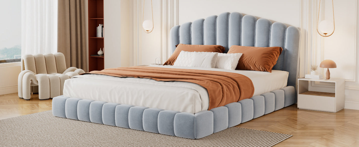 Velvet Upholstered Queen Bed Frame with Shell-Shaped Headboard, Light Blue