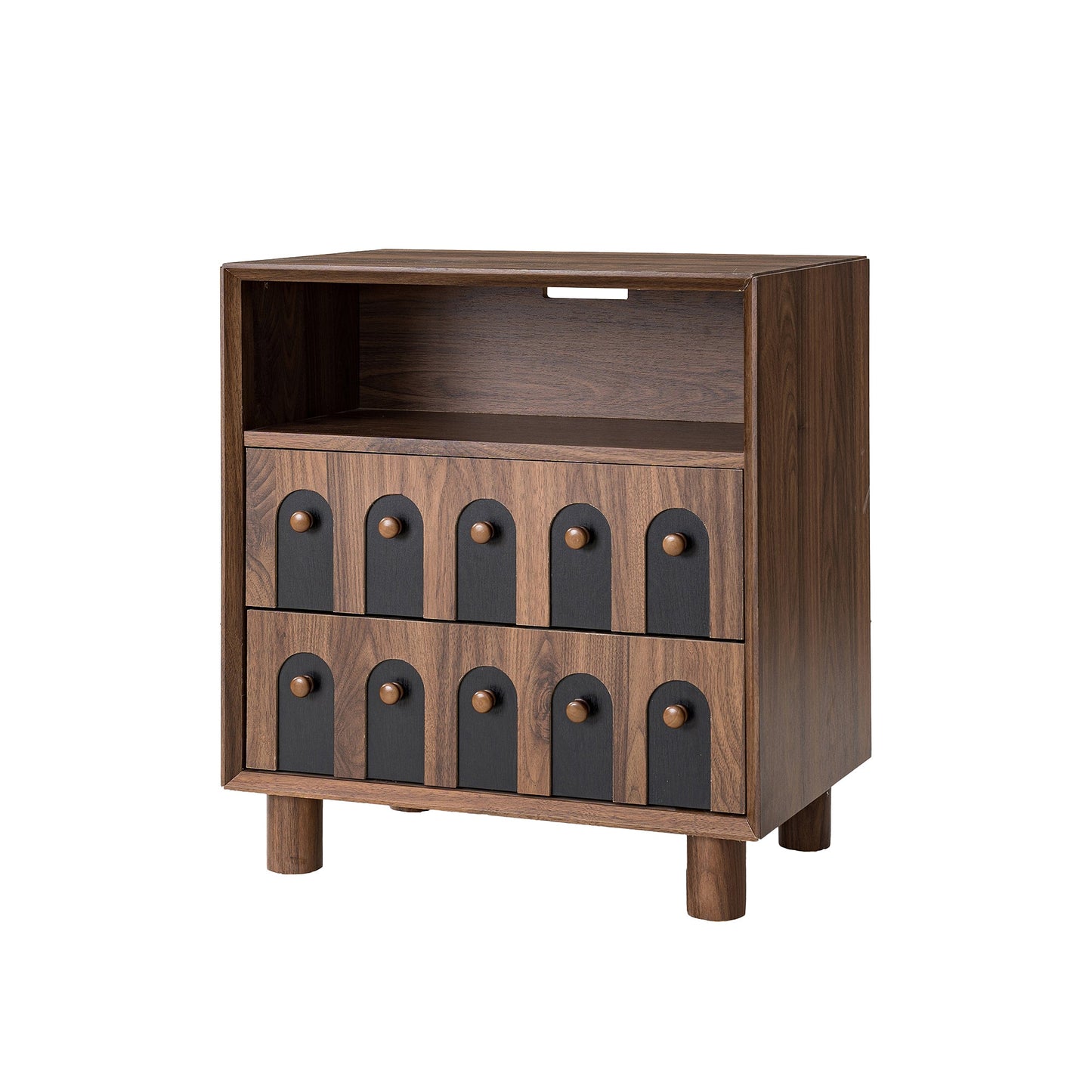 Modern Nightstand with Charging Station, 2 Drawers, Curve Mirror Design, 26 in
