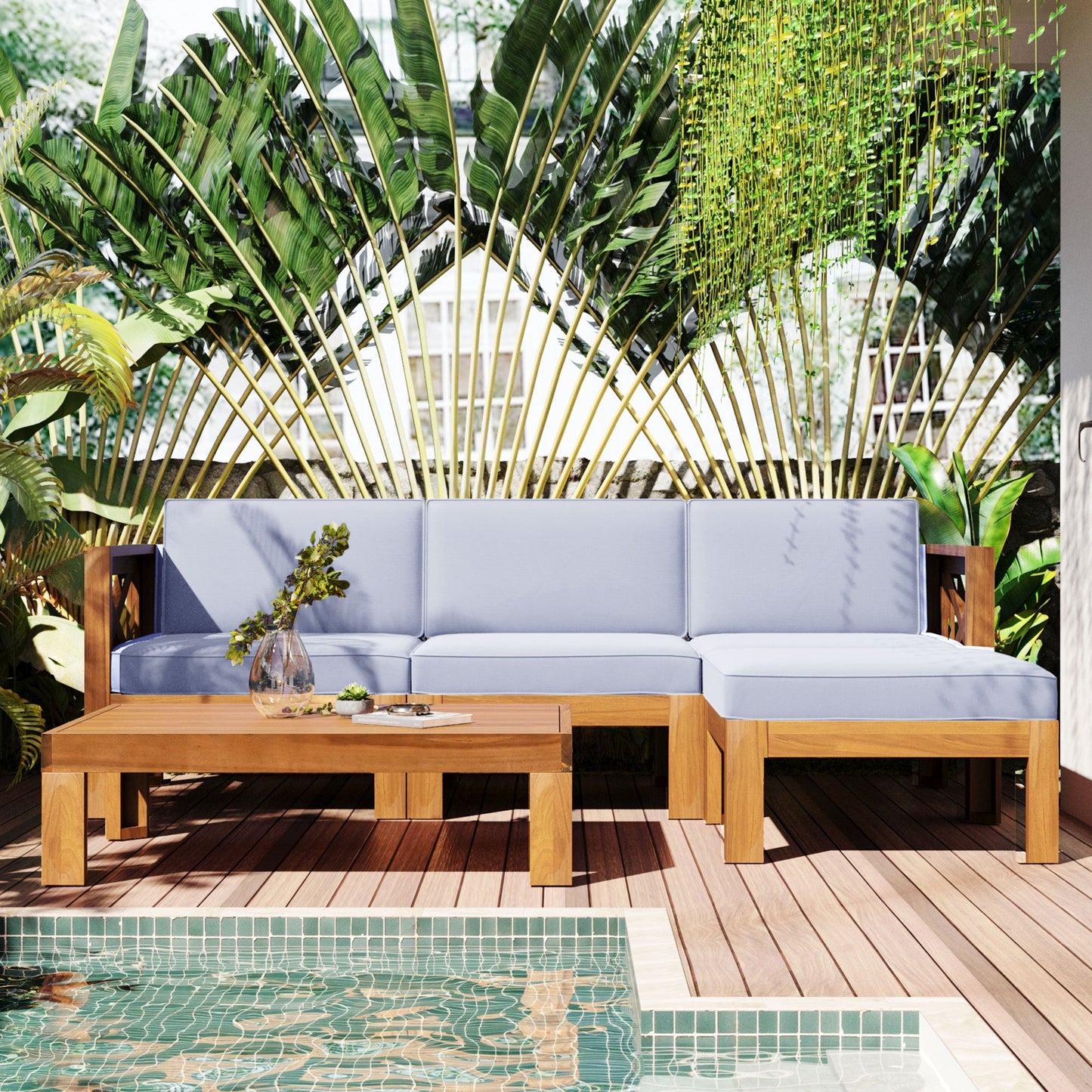 Outdoor Patio Sectional Set Acacia Wood Gray Cushions 5 Piece X-Back