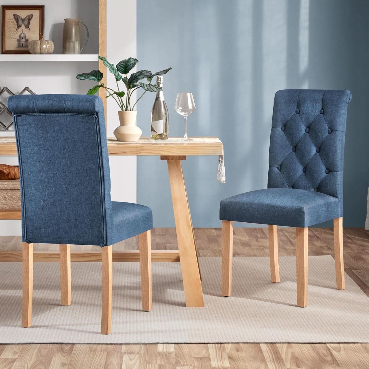 Blue Button Tufted Dining Chairs Set Of 2 With Solid Wood Legs