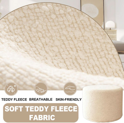 Round Ottoman Foot Rest 17x17x14 White Boucle Fabric