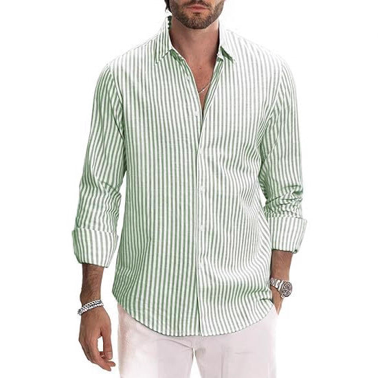 Men's Casual Digital-Print Lapel Striped Shirt