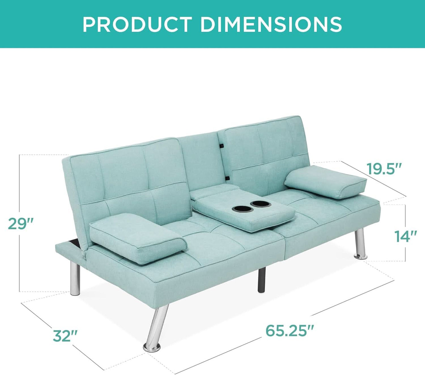 Linen Folding Futon Sofa Bed Aqua With Removable Armrests