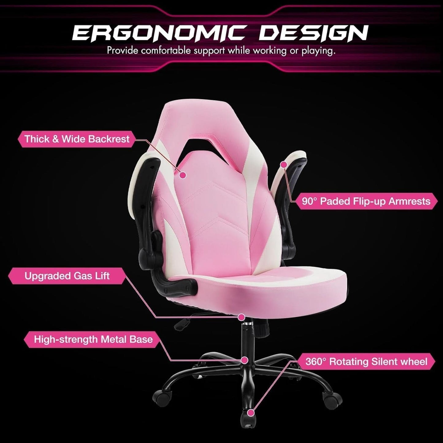 Pink Ergonomic Gaming Desk Chair With Adjustable Armrests