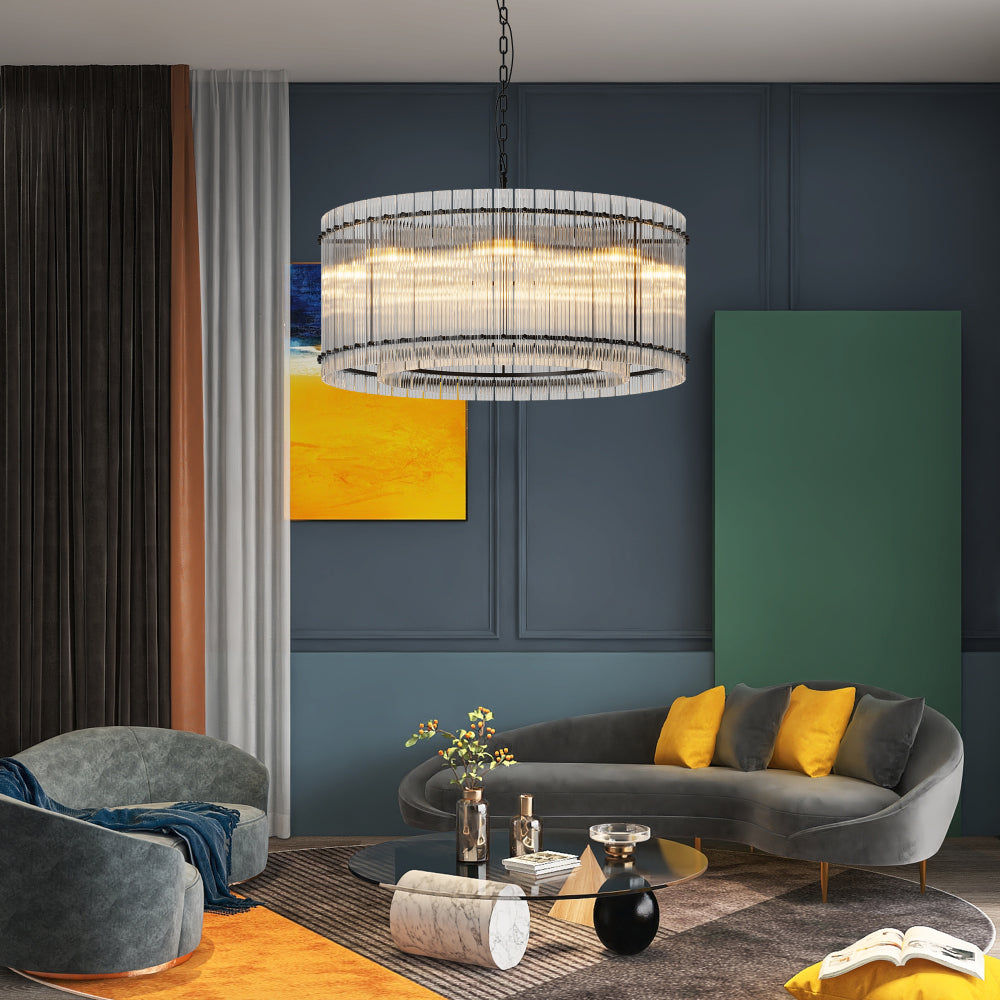Water Ripple Crystal Glass Chandelier | 8/10-Light Modern Handmade Corrugated Glass Ceiling Light — Black or Gold, Round or Rectangular