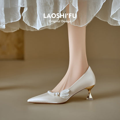Women's Beige Pointed-Toe PU Pumps, 6-8 cm Thin Heel
