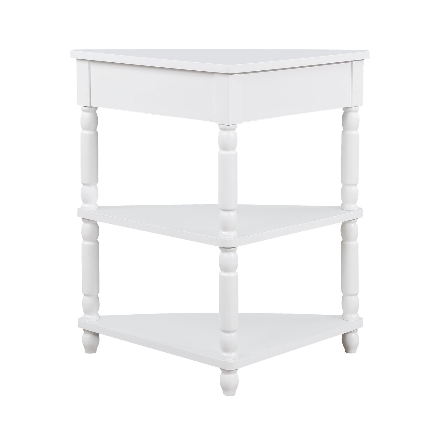 33.8 in Triangle Corner Table, 3-Tier Solid Wood Legs, Small Spaces, Milk White