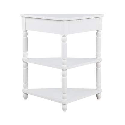 33.8 in Triangle Corner Table, 3-Tier Solid Wood Legs, Small Spaces, Milk White