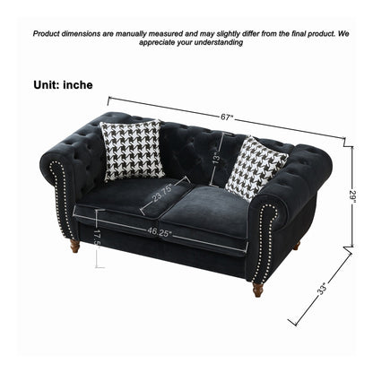 Loveseat Mid-Century Chesterfield Velvet Black 2 Seat Rolled Arms 67 In 450 LB