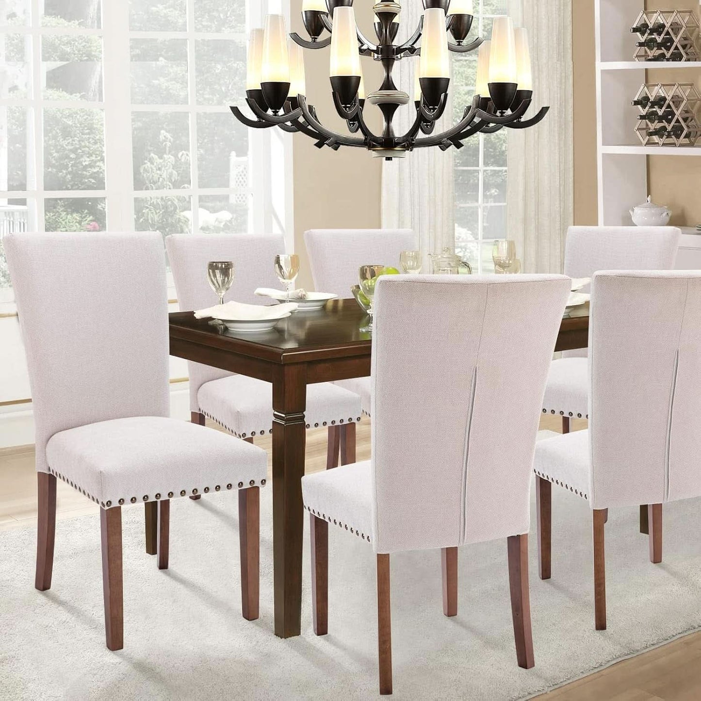 Parsons Dining Chairs Beige Upholstered Nailhead Set of 4