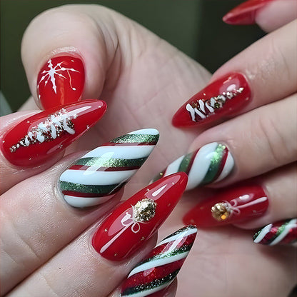 24pcs Christmas Press-On False Nails – Santa, Christmas Tree & Elk Designs with Snowflake Nail Art Stickers for Holiday Parties & Festive Wear