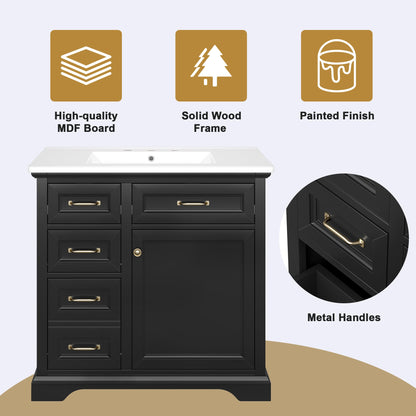 36-Inch Bathroom Vanity with Ceramic Sink Top, 4 Drawers and 1 Soft-Close Door