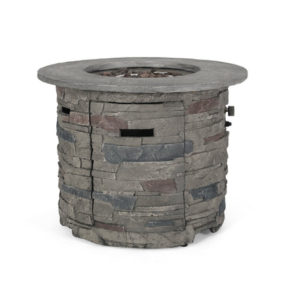 Transitional Outdoor 32 Inch Round MGO Propane Fire Pit Table, Stone Gray