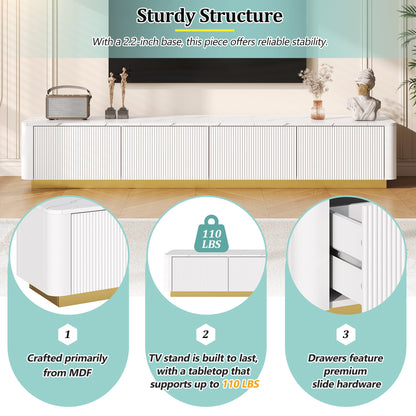 Luxury Fluted White TV Stand Faux Marble Top 4-Drawer 85