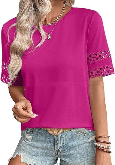 Womens Round-Neck Hollow Short-Sleeve Shirt T-Shirt