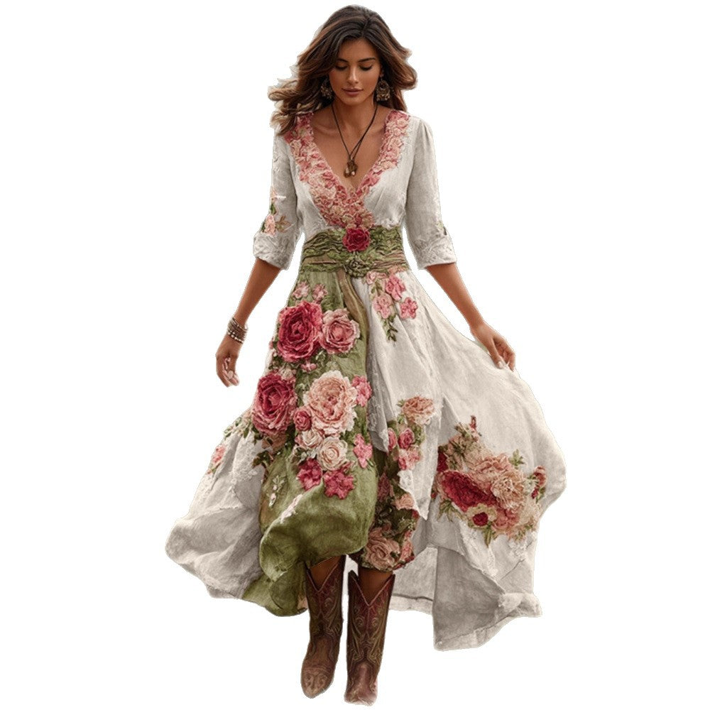 Womens Stylish And Elegant Floral Long-sleeve Dress