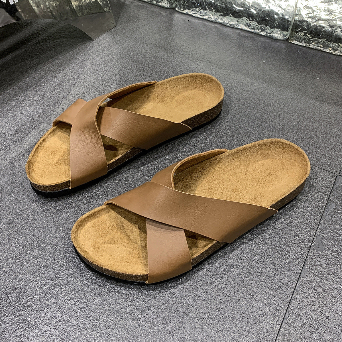 Mens Cork Slippers Cross-strap Sandals Fashionable