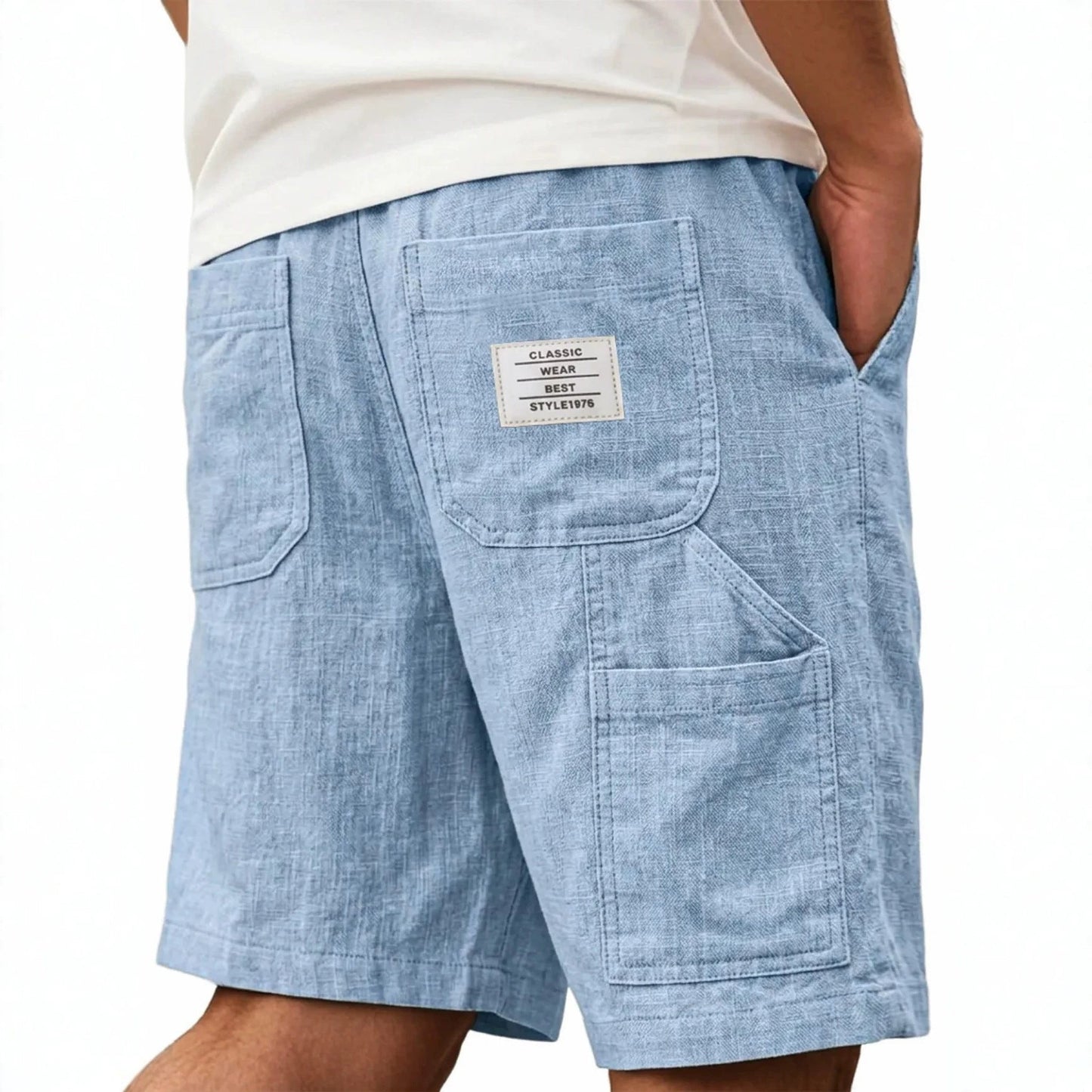 Mens Solid-Color Bamboo-Texture Linen Multi-Pocket Shorts