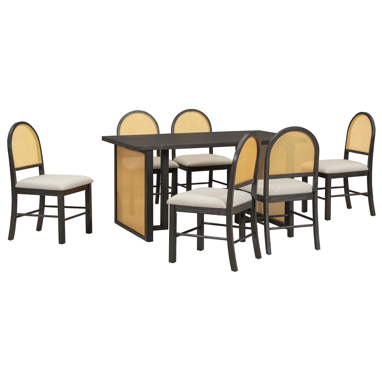 7-Piece Farmhouse Dining Table Set for 6, 59.8 in Rectangular Table with Rattan Chairs