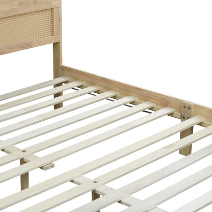 King Size Solid Wood Bed with Rattan Headboard, Rubber Wood Bed with Central