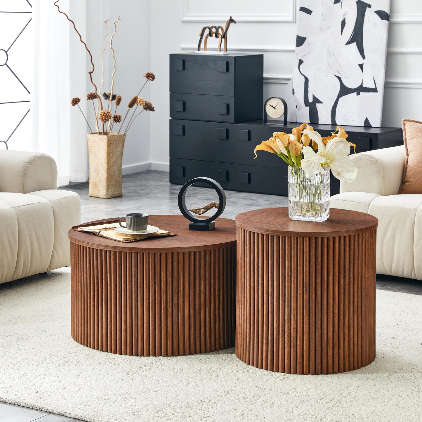 2-Piece Nesting Coffee Table Set, Roman Column MDF Round, Built-in Storage