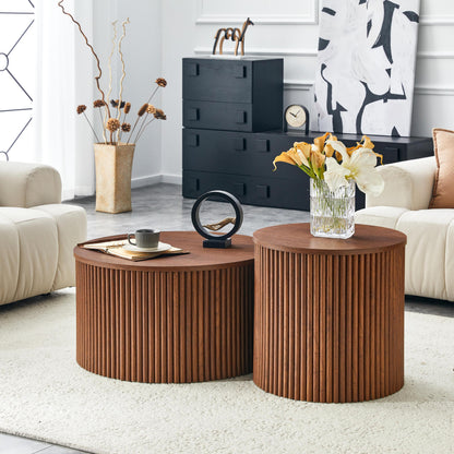 2-Piece Nesting Coffee Table Set, Roman Column MDF Round, Built-in Storage