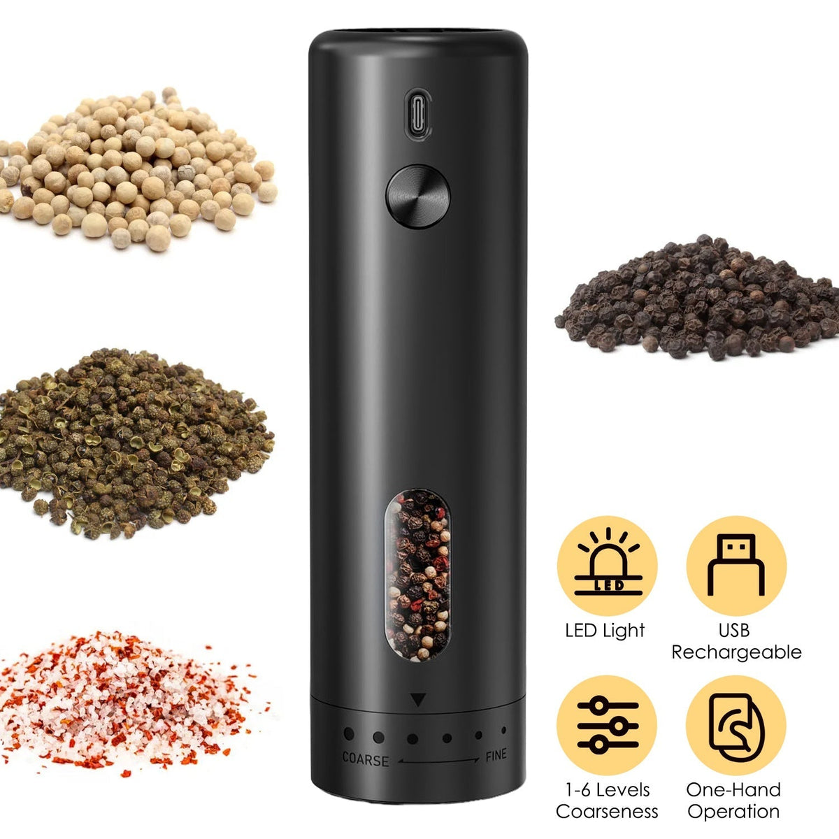 USB Rechargeable Pepper Mill – Adjustable Coarseness & LED Light
