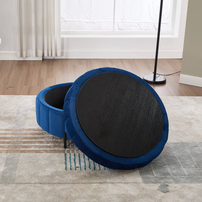 31.5 Inch Round Velvet Storage Ottoman with Reversible Lid, Navy