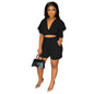 Ruffled Cropped V Neck Top Casual Shorts Summer Two-Piece Set