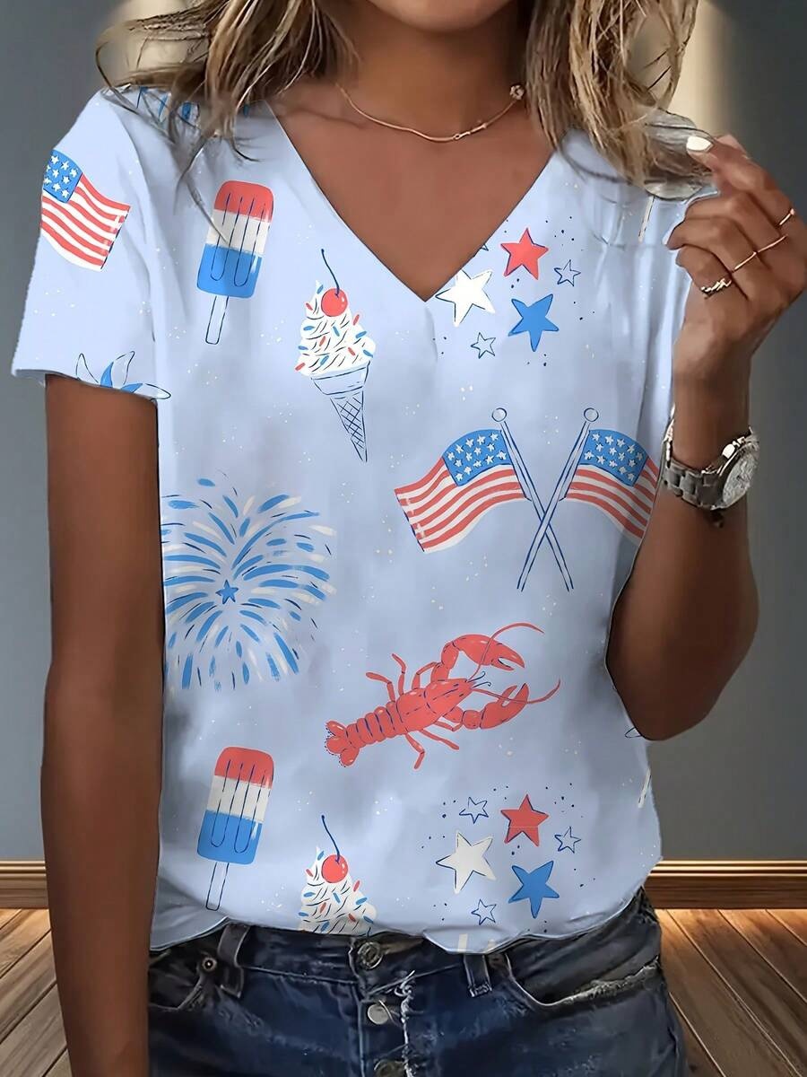 Womens Stylish Printed Slim-fit Short-sleeve Top