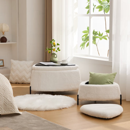 Ivory Faux Fur Upholstered Storage Ottoman Set with Metal Legs