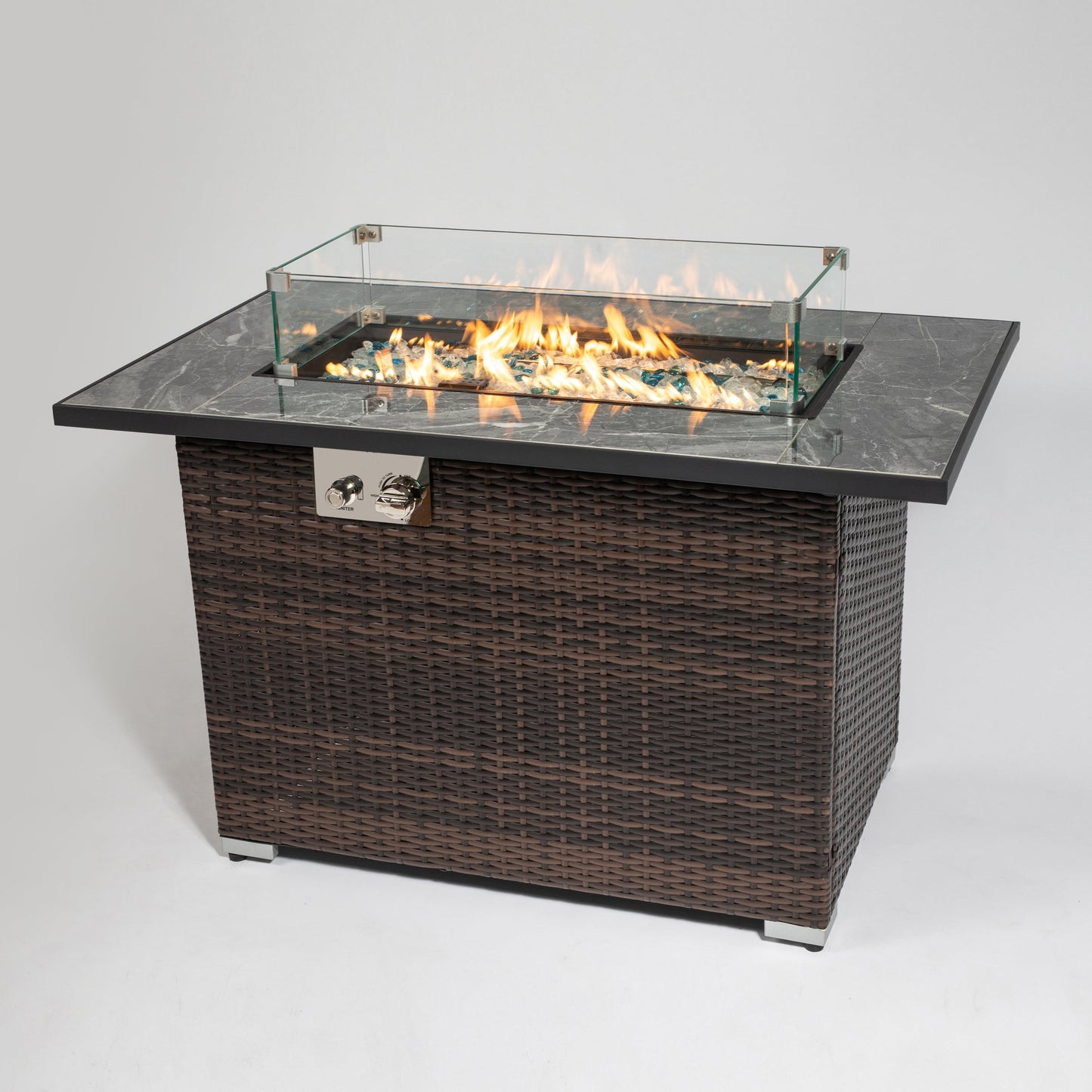 44 Inch Propane Gas Fire Pit Table 50000 BTU Tile Tabletop with Wicker Base