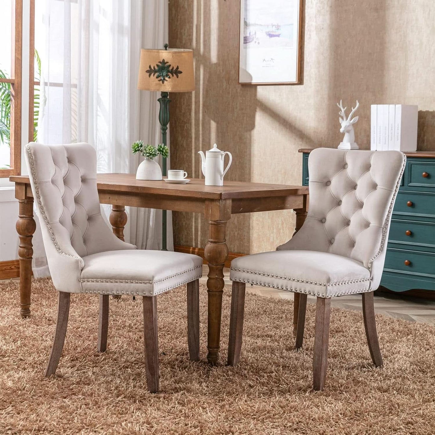 Beige Velvet Tufted Dining Chairs 4 Pack With Nailhead Trim