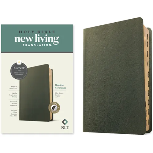 NLT Thinline Reference Bible, Filament Enabled (Genuine Leather, Olive Green, Indexed, Red Letter) - Leather