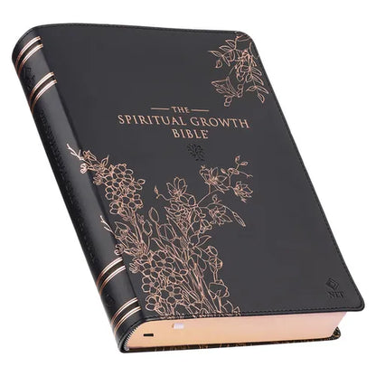The Spiritual Growth Bible, Study Bible, NLT - New Living Translation Holy Bible, Faux Leather, Black Rose Gold Debossed Floral - Leather
